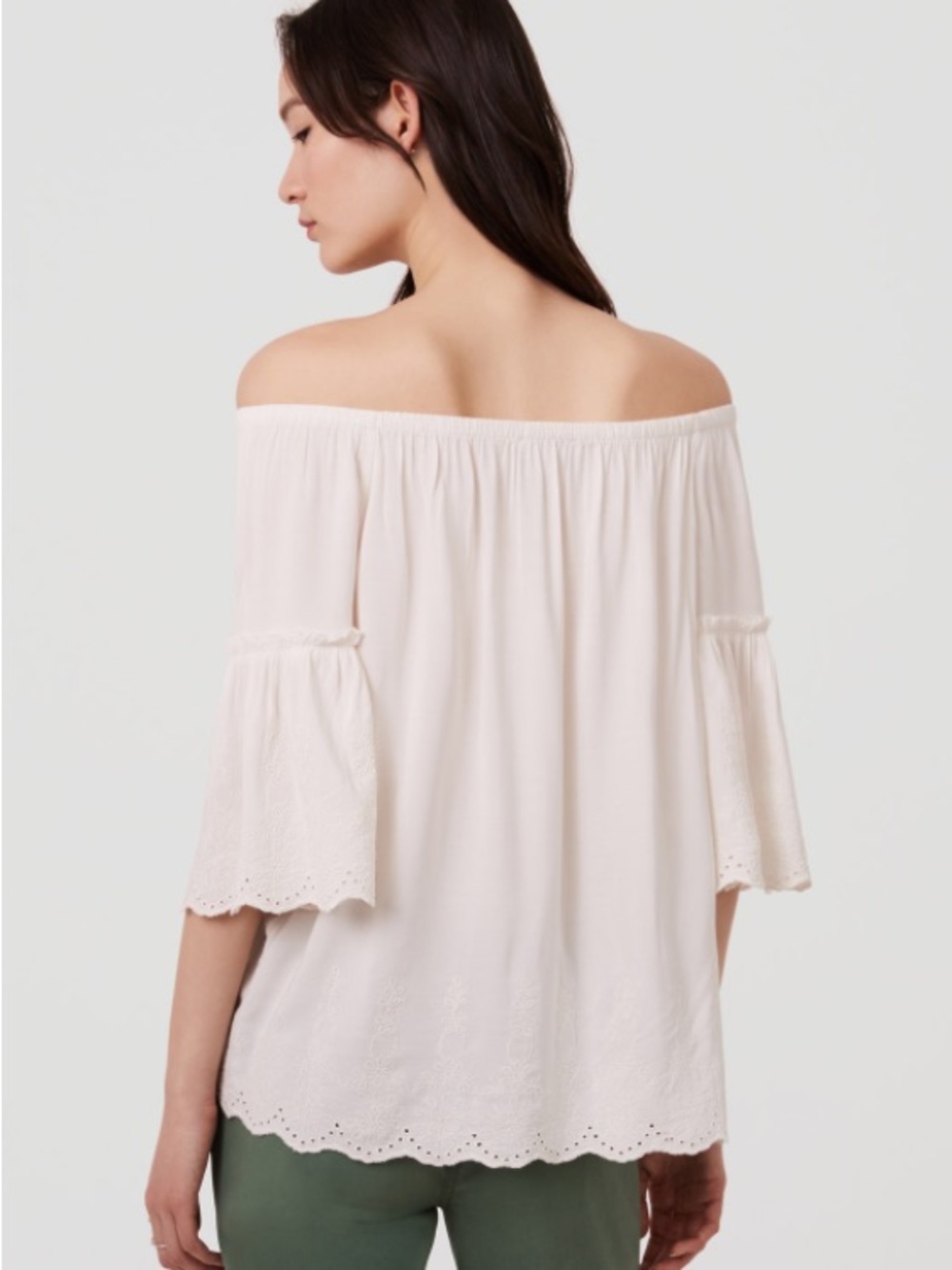 LOFT Cream Off-Shoulder Eyelet Bell Sleeve Top